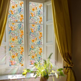 Alwayspon Non-Adhesive UV Rainbow Window Privacy Film, Orange and Blue Floral Stained Glass Window Film,Static Cling Glass Sticker for Home, Room, Bathroom, Glass Door