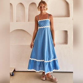 OBEEII Women Summer Dresses 2024 Boho Spaghetti Strap Backless Smocked Flowy Maxi Dress Rickrack Trim A-line Swing Dress Wedding Guest Party Casual Beach Vacation Sundress Blue M