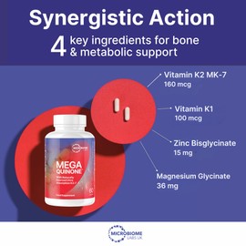 Microbiome Labs MegaQuinone Vitamin K2 MK7 + Vitamin K1, Magnesium Glycinate & Zinc - Advanced Bone & Heart Support - High-Strength VIT K2-7 Menaquinone-7 Supplement, Soy-Free, 60 Vegan Capsules