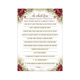 Rustic Floral Christmas Trivia Game Fun Party Activity with Holiday Movie and Song Questions for Adults, Office, Group, Thanksgiving, 25 Pack, 5x7 Cards, Version 2