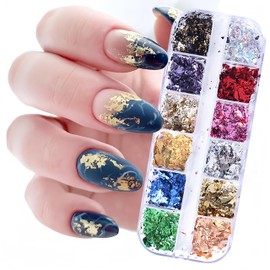 12 Colors Gold Nail Art Sequins Holographic Aluminum Nail Foil Flakes Stickers Nail Sequins Glitter Mermaid Design Nail Flakes Gold Foil Acrylic Nail Art for Women Girl DIY Manicure Decorations