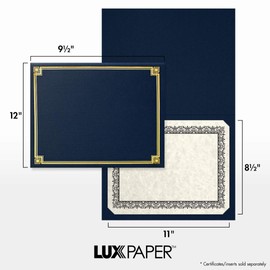 LUXPaper 9.5" x 12" Certificate Holders | Nautical Blue Linen | Embossed Gold Foil Border | 100lb. Cover | 25 Qty