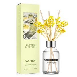 COCODOR Flower Reed Diffuser Set / 3.4oz / Lemon Eucalyptus/Scent Diffuser with Sticks Home Fragrance Reed Diffuser for Bathroom Shelf Decor