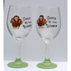 2 Green Gobble Til You Wobble Turkey Wine Glasses