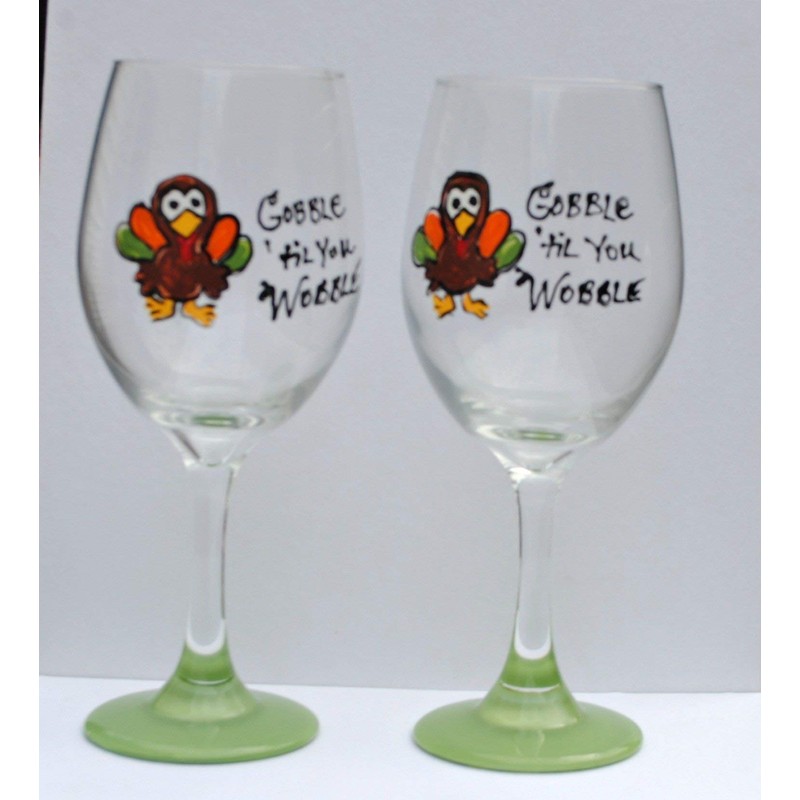 2 Green Gobble Til You Wobble Turkey Wine Glasses