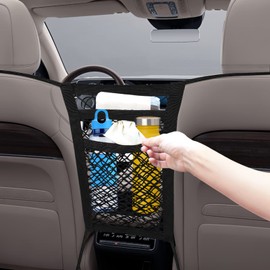 GELASGO 3-Layer Car Mesh Organizer,Upgrade Elasticity Car Storage Net Between Seats Car Net Pocket