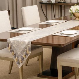 TOPLUXE Table Runner with Tassels, Jacquard Tablecloth for Dining Table, Holiday, Party, Living Room Decoration (33 x 274 cm, Beige)