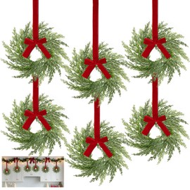 6 Pack Mini Christmas Wreaths for Cabinets, 12 Inch Christmas Cabinet Wreaths for Kitchen with Soft Cypress Pine Tips Red Bow Xmas Hanging Decorations for Window Mantel Stairs Wall Home Decor Indoor