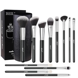 BEILI Brochas de maquillaje, 12 piezas, base de polvo sintético de alta • calidad, correctores de contorno de rubor, brochas de labios con soporte para brochas, paquete para regalo (negro)