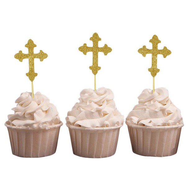 Darling souvenir, Christening bautismo Cupcake Toppers, decoraciones de postre - Paquete de 20, Dorado (Glitter Gold)