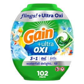 Gain Flings Ultra Oxi Laundry Detergent Pacs, 102 Count, Waterfall Delight Scent, 3-in-1, HE Compatible