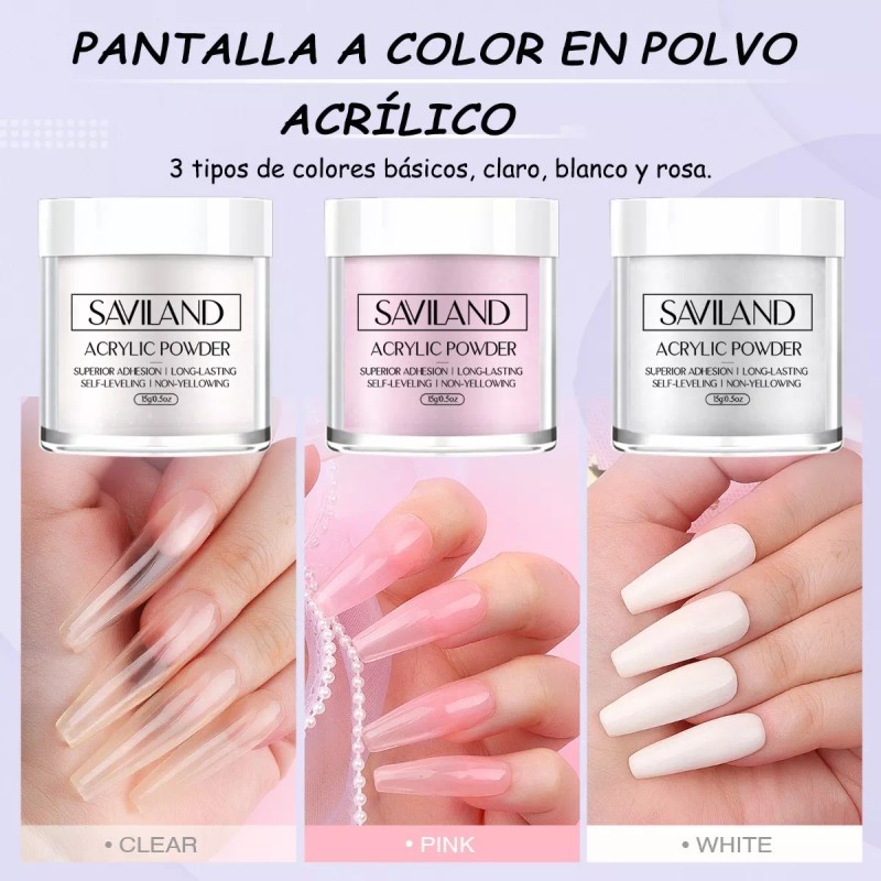 Saviland Set De Polvo Acrílico Y Líquido, 3 Colores, Pincel
