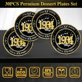 algpty - Juego de 60 platos y servilletas clásico de cumpleaños de 1934, decoraciones de 90 cumpleaños, color negro y dorado, servicio para suministros de fiesta de cumpleaños 30, 90, platos y