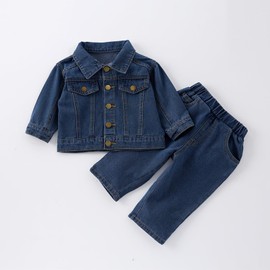 Cantuccistudio Collared Pocket Top and Long Pants Denim Set for Baby (Blue, 3-4 Years), 251S07-L-110