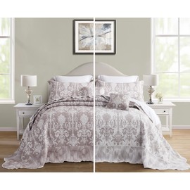 Blythease Oversized King Bedspread, Jacquard Matelasse Damask Pattern Design, Lightweight, Reversible, 5 Piece, 100% Microfiber, Bean Paste
