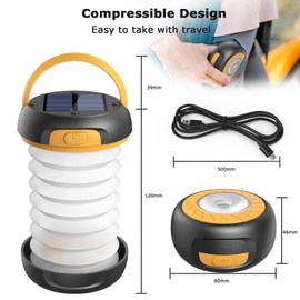 GlobaLink LED Camping Lamp, Foldable Solar Camping Lantern, Energy Bank with 2 Charging Methods (Solar/USB) and 3 Light Modes for Camping, Fishing, Emergency, Includes Survival Bracelet with Whistle (Yellow)