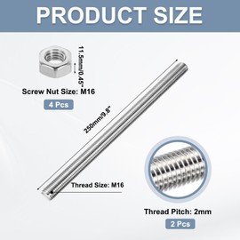 sourcing map Fully Threaded Rod M16 x 250mm 2mm Thread Pitch 304 Stainless Steel Right Hand Threaded Rods Bar Studs Long Threaded Screw With Screw Nuts 2 Pack