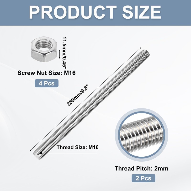 sourcing map Fully Threaded Rod M16 x 250mm 2mm Thread