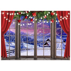 AIIKES 7x5FT Christmas Backdrop Christmas Window Backdrop Winter Scene Backdrop Christmas Red Curtain Decoration Backdrop XY77