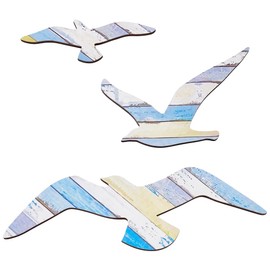 UNICRAFTALE 3 Pcs Wooden Sea Mew Wall Decors Set Wooden Coastal Walls Decorations Wood Hanging Sea Mew Wall Decoration with Stickers for Bathroom Lake House Beach House Home Room Walls Decor