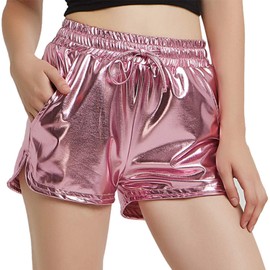 Perfashion Women's Metallic Shorts Summer Sparkly Hot Outfit Shiny Short Pants, Pink, X-Small