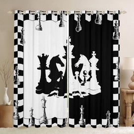 International Chess Kids Window Curtains Chess Games Window Drapes for Boys Teens Adults Room Decor, Black and White Grid Window Treatments, Grommet Top 2 Panel Set Bedroom Curtains, 38Wx54L inch