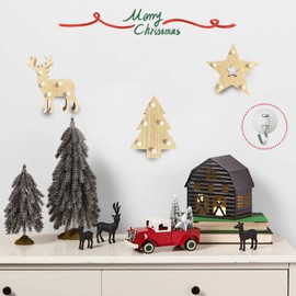 3pcs Wooden Christmas Tree Tabletop Decor, Supergorea，LED Luminous Christmas Decorations, 5.1in Pentagram Xmas Tree and Elk Deer for Xmas Desktop Ornament