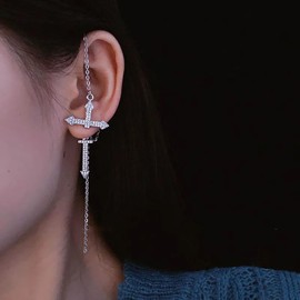 Aneneiceera Punk Crystal Cross Stud Earrings Silver Long Sword Earrings Gothic CZ Cross Dangle Earrings Rhinestone Cross Chain Earrings Jewellery for Women, Zinc