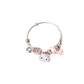 Kitty Charm Bracelet Gift, Silver-Tone Bangle Adjustable Stainless Steel Bracelet with Pink Beads and Crystal Accents, Fits 7.5"+1.5"