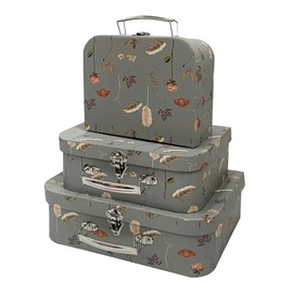 Emartbuy Set of 3 Rigid Luxury Presentation Suitcase Storage Gift Box, Grey Leaves and Flower Print, White Interior with Metal Handle and Clasp