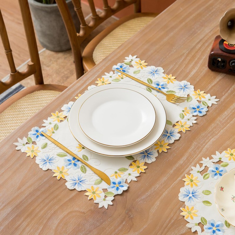 2pack Rectangular lace Doilies,yellow blue Floral Cutwork Embroidered Placemats Vase