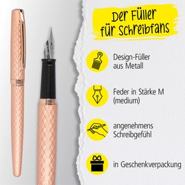 Online Eleganza Diamond Rose Gold Writing Set - Includes Ballpoint Pen, Fountain Pen, Genuine Leather Case - 3 Pieces I in Gift Box