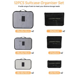 SOBEAU Pack of 12 Suitcase Organiser Set, Packing Cubes, Packing Cubes for Travel, Suitcase Organiser with Clothes Bags, Shoe Bags & Cosmetic Bag, Travel Gadgets, Waterproof & Compressible (Black)
