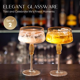 Marlelote,Gold Martini Glasses,Coupe Glass set of 2,Cocktail Glasses,Gold Rimmed&Rhinestones,Margarita Glass,Champagne Tower,Scocktail,Art Deco Glassware,Home Parties,9OZ.