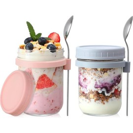 2 Pack Overnight Oats Containers with Lids and Spoons, 16 oz Glass Jars for Overnight Oats, Large Capacity Airtight Jars for Milk, Cereal, Fruit (Pink+Grey) - Color: Beige+Green