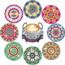 Frundoo Diamond Painting Coasters with Holder, Pack of 8 Diamond Cup Coasters, Diamond Painting Adults for Crafts, DIY Mandala Coasters, Non-Slip for Beginners, Adults & Children
