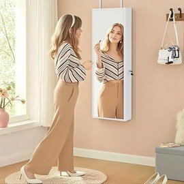 VECELO Jewelry Cabinet with Mirror, Jewelry Armoire Organizer with Lockable Full Length Mirror with Storage, Wall/Door Mounted, Interior Mirror & Makeup Light, Gift Idea, White