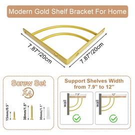 Z metnal Gold Shelf Brackets, 200mm Triangle Shelving Brackets, Wall Mounted Shelf Supporters for Scaffold Board, Modern Brass Metal Corner Brace for DIY Shelving, Double Arc Line Wall Decor