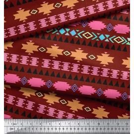 Soimoi Red Cotton Voile Fabric Aztec Geometric Print Fabric by metre 42 Inch Wide