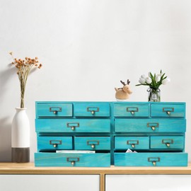 4-Pack Vintage Desktop Apothecary Cabinet w/ 3 Drawers - Wooden Desktop Organizer for Tabletop - Stackable Drawers - Desktop Chest Drawer for Herb Storage,Tea Collection,Stationery (Blue)