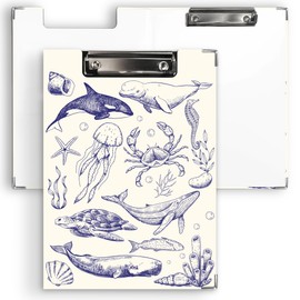 Ku-dayi Coastal Ocean Beach Clipboard Padfolio with Storage Pocket, Blue and White Sea Animals Jellyfish Whale Shark Sea Turtle Crab Low Profile Clip Boards for Nurse Office Classroom, 12.4 x 9.25 in