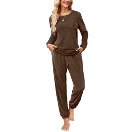 Ekouaer Womens Pajamas Sets Long Sleeve Soft Sleepwear 2 Piece Velvet Pjs Lounge Sets with Pockets Brown