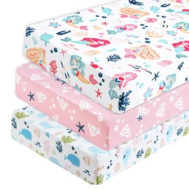 PHF 3 Pack Soft Mermaid Crib Sheets Fitted, Silky Comfy Breathable Baby Sheets for Boys Girls Neutral, 28x52 Inches Fits Standard Crib and Toddler Mattresses, Mermaid