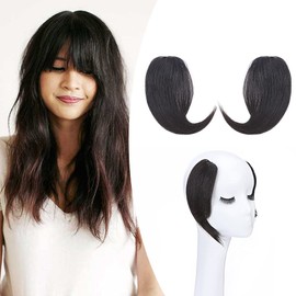 SEGO 2PCS Clip in Fringe Human Hair French Style Side Bangs [#1B Natural Black] Real Remy Hair Pieces for Women Straight Clip-on Fringe (16g)