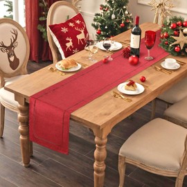 LOMOHOO Table Runner Red 30x180cm Christmas Table Runners Boho Modern Linen runners for tables with Hemstitch Design for Dining Table Xmas Birthday Valentine's Day Wedding Baby Party Decoration
