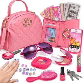 Little Girls Purse, Pretend Play Makeup Kit for Toddler 3-5 4-6, Kids Purses with Accessories, Pink Handbag, Princess Kit and Fake Make up, Toddler Girl Toys Gifts for 3 4 5 6 Year Old