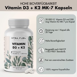 Vitamin D3 K2 Kapseln 20000 IE + Vitamin K2 MK7 200 mcg pro Kapsel - 210 Kapseln (hochdosiert) - ohne Zusätze - geprüft, vegan & ohne Zusätze