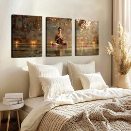 Framed Abstract Yoga and Meditation Wall Art 3 Piece Set - Living Room Yoga Studio Spa Meditation Buddha and Floating Lotus Wall Decoration with Candles and Cherry Blossoms, Serene Woman Unstressing, For Home, Office, Bedroom, Multi-coloured Contemporary