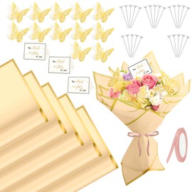 Flower Wrapping Paper 20 Sheets Floral Wrapping Paper Set 3D Butterflies Greeting Cards Diamond Pin Ribbon for Flower Bouquet Florist Supplies Packaging Paper Birthday Wedding Gifts Champagne Gold