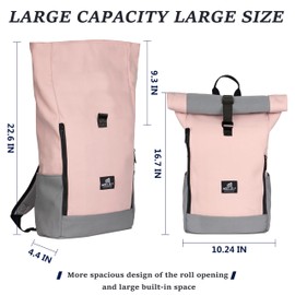 MOCLOLY Roll Top Backpack Womens & Mens, Waterproof Rolltop Backpack - Daypack fit 17 Inch Laptop Rucksack for Travel, Casual or Hiking - Pink
